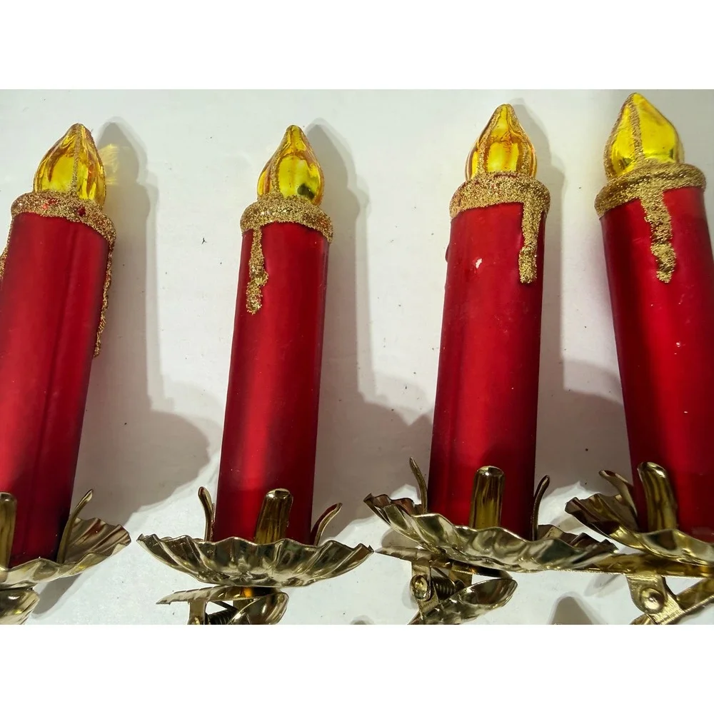 Vintage Style Glass Clip On Candle Christmas Ornaments Red White Glitter Set 7